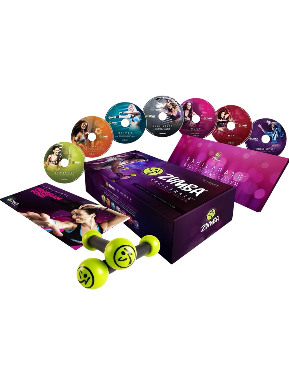 Zumba Fitness Exhilarate 7 DVD Set with Toning Sticks Like New